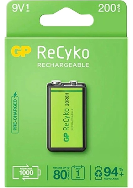 Gp Recyko 9 Volt 200 Mah Nı-Mh Şarjlı Pil GP20R8H-2E1-(GPRHV208R075) (5047)