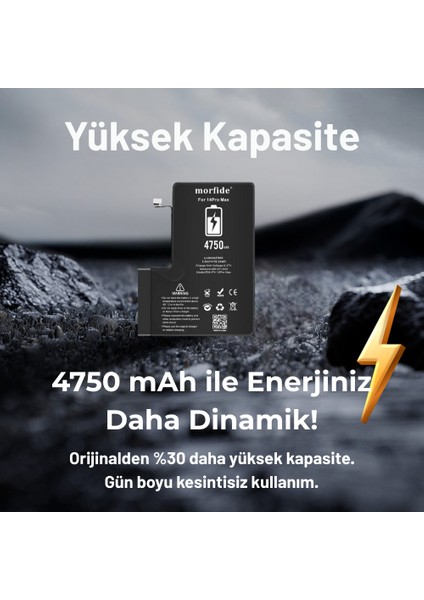 Apple iPhone 14 Pro Max Uyumlu 4750MAH Yüksek Kapasiteli Batarya - Gelişmiş Akıllı Chip - Pil Sağlığı Destekli - Morfide indirimleri