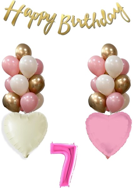 7 Yaş Pembe Kız Çocuk Doğum Günü Konsepti 16INÇ Pembe Rakam Happy Birthday Bannerlı Set
