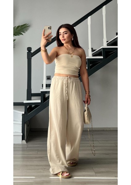 Taş Yarım.astarlı Bel Bağlamalı Keten Pantolon