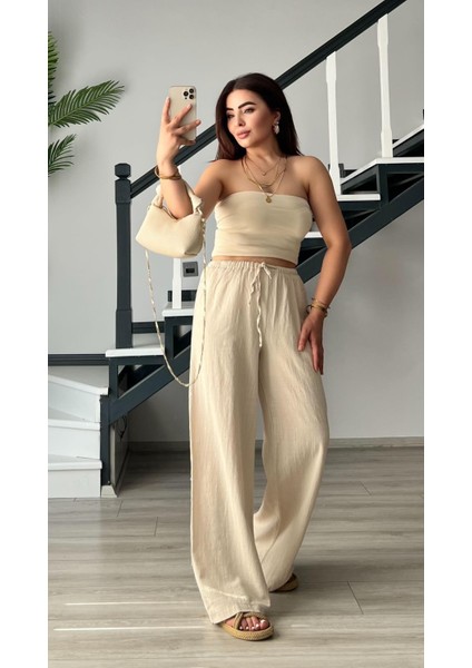 Taş Yarım.astarlı Bel Bağlamalı Keten Pantolon modelleri