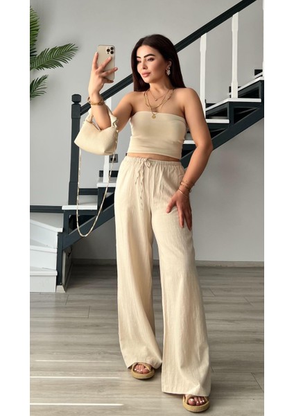 Taş Yarım.astarlı Bel Bağlamalı Keten Pantolon fırsatları