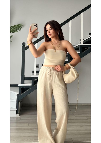 Taş Yarım.astarlı Bel Bağlamalı Keten Pantolon indirimleri