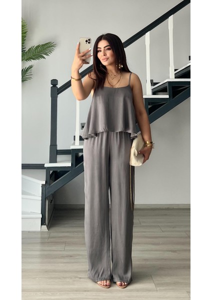 Gri Premium Tnsel Kumaş Bluz-Pantolon Takım