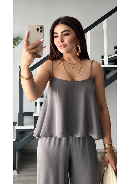 Gri Premium Tnsel Kumaş Bluz-Pantolon Takım fiyatları