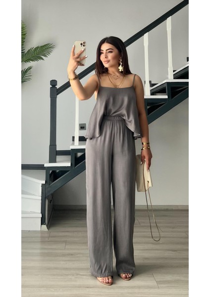 Gri Premium Tnsel Kumaş Bluz-Pantolon Takım modelleri