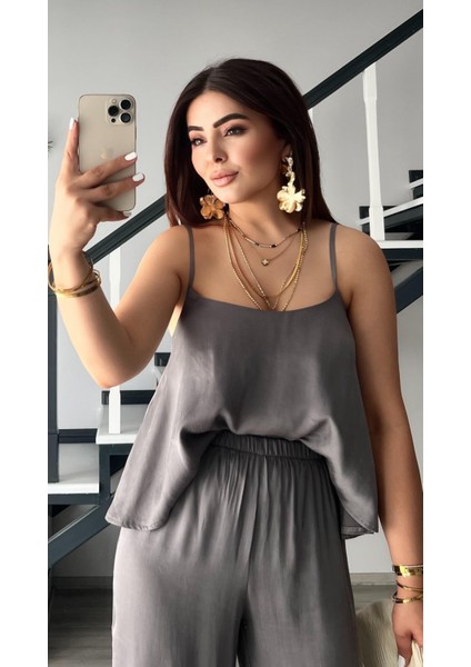 Gri Premium Tnsel Kumaş Bluz-Pantolon Takım indirimleri
