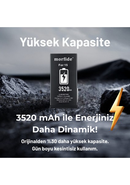 Apple iPhone 15 Uyumlu 3520MAH Yüksek Kapasiteli Batarya - Gelişmiş Akıllı Chip - Pil Sağlığı Destekli - Morfide M-Max indirimleri