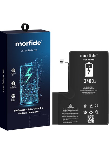Apple iPhone 15 Pro Uyumlu 3400MAH Yüksek Kapasiteli Batarya - Gelişmiş Akıllı Chip - Pil Sağlığı Destekli - Morfide M-M