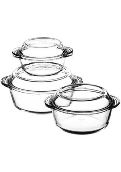 Büyük Yuvarlak Cam Tencere Seti, 3'lü, Dayanıklı ve Şık Tasarım