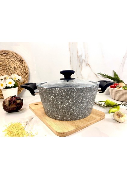 Gri 30 cm Doğal Taşlı Derin Tencere, Dayanıklı ve Şık Mutfak Gereci