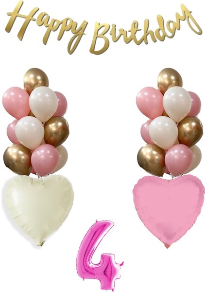 4 Yaş Pembe Kız Çocuk Doğum Günü Konsepti 16INÇ Pembe Rakam Happy Birthday Bannerlı Set
