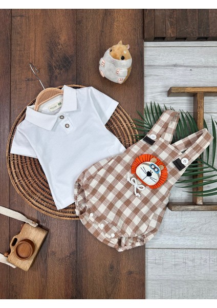 Yazlık Pamuklu Aslan Nakışlı Polo Yaka Erkek Bebek 2li Takım modelleri