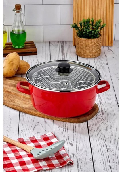 Kırmızı 3'lü Emaye Cam Kapaklı Patates, Biber, Sosis Kızartma Tencere Seti