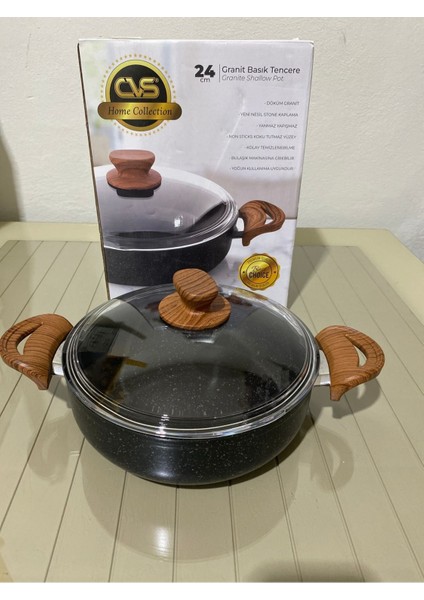 24 cm Granit Basık Tencere, Siyah, Dayanıklı ve Şık Tasarım