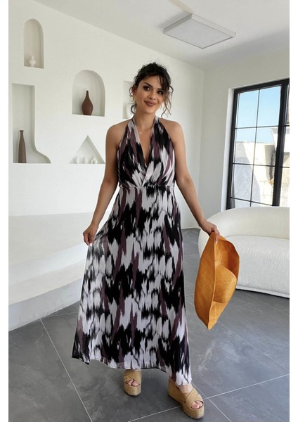 Boğaz Bağlamalı Desenli Elbise Kahverengi modelleri