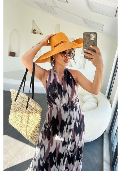 Boğaz Bağlamalı Desenli Elbise Kahverengi fırsatları