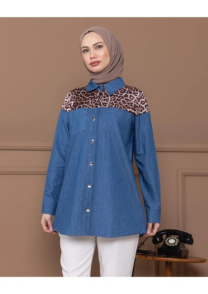 Kadın Jeans Leopar Detaylı Gömlek