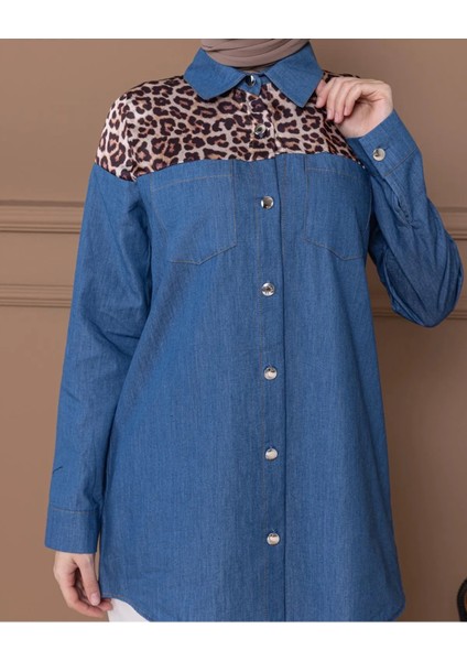 Kadın Jeans Leopar Detaylı Gömlek modelleri