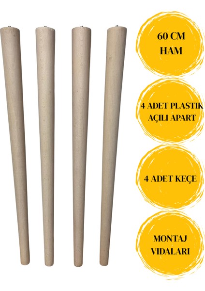 Ham 60 cm Konik Ahşap Mobilya Ayağı – 4 Adet (Masa, Konsol, Sehpa, Tv Ünitesi Için – Bağlantı Aparatları ve Vidalar Dahil)