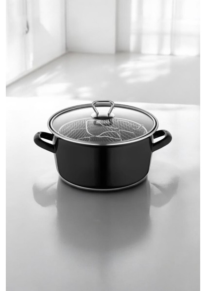 Emaye Siyah Kızartma Tencere, Cam Kapaklı, Dayanıklı ve Şık Tasarım