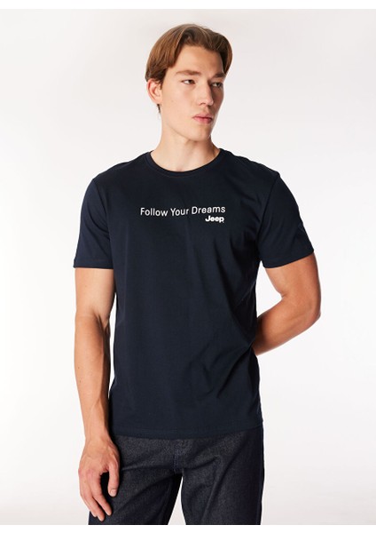 Lacivert Erkek Bisiklet Yaka Relaxed Fit Baskılı Pamuk T-Shirt J4WM-TST7217