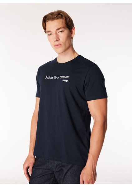 Lacivert Erkek Bisiklet Yaka Relaxed Fit Baskılı Pamuk T-Shirt J4WM-TST7217 modelleri