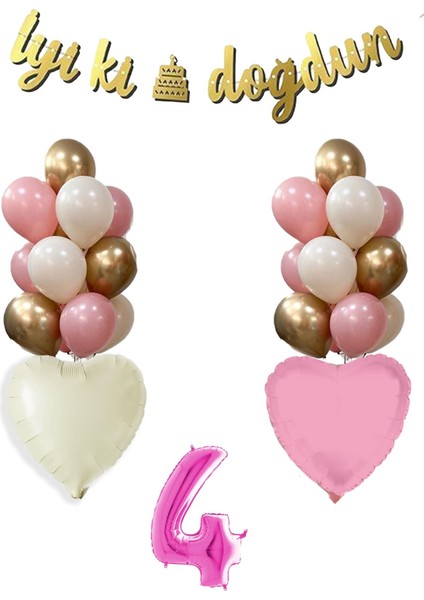4 Yaş Pembe Doğum Günü Balon Seti 16INÇ Pembe Rakam Iyi Ki Doğdun Bannerlı Set