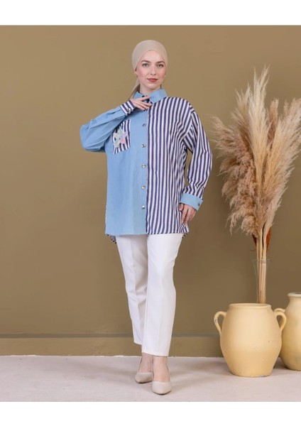 Kadın Denim Iki Renkli Diz Üstü Rahat Kumaş Gömlek Yeni Trend