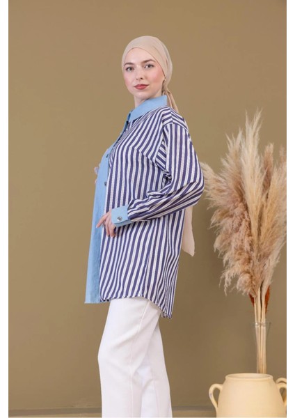 Kadın Denim Iki Renkli Diz Üstü Rahat Kumaş Gömlek Yeni Trend fiyatları