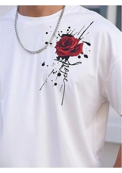 Erkek Bisiklet Yaka Kısa Kol Baskılı T-Shirt - Beyaz