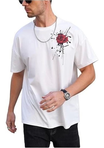 Erkek Bisiklet Yaka Kısa Kol Baskılı T-Shirt - Beyaz fiyatları