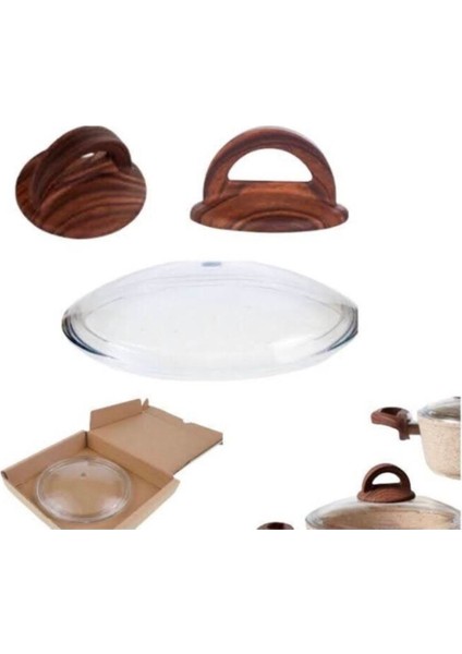 Turuncu Ahşap Kulp ve 22 cm Pyrex Cam Kapak Seti, Şık ve Dayanıklı Ürün.