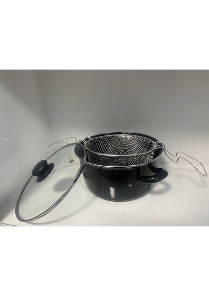 Siyah Emaye Cam Kapaklı Kızartma Tencere 22 Cm, Dayanıklı ve Şık Tasarım