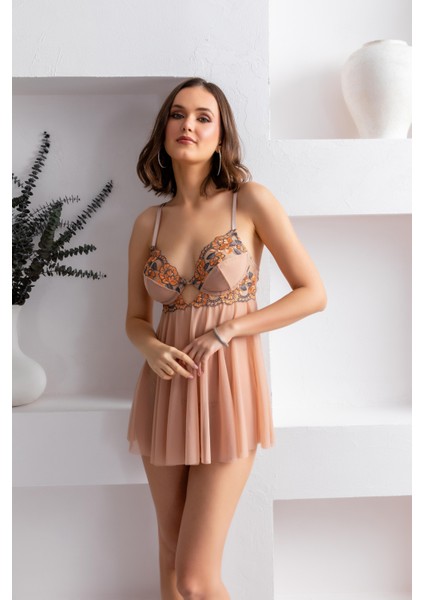 Transparan Babydoll ve String Takım Cappucino (MGP31932)