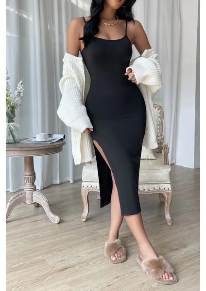 Marsilyan- Kadın Siyah Yırtmaçlı Diz Altı Vücüdu Saran Gecelik