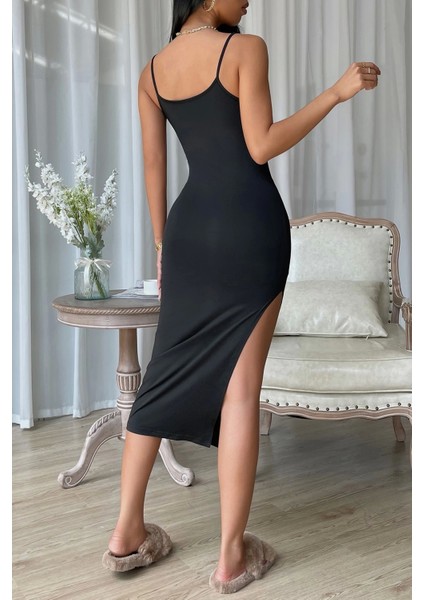 Marsilyan- Kadın Siyah Yırtmaçlı Diz Altı Vücüdu Saran Gecelik fiyatları