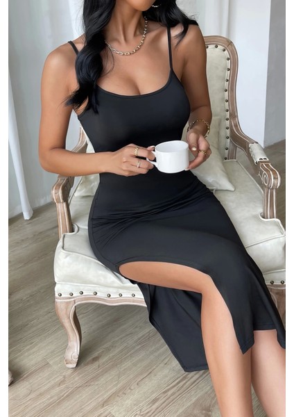 Marsilyan- Kadın Siyah Yırtmaçlı Diz Altı Vücüdu Saran Gecelik modelleri