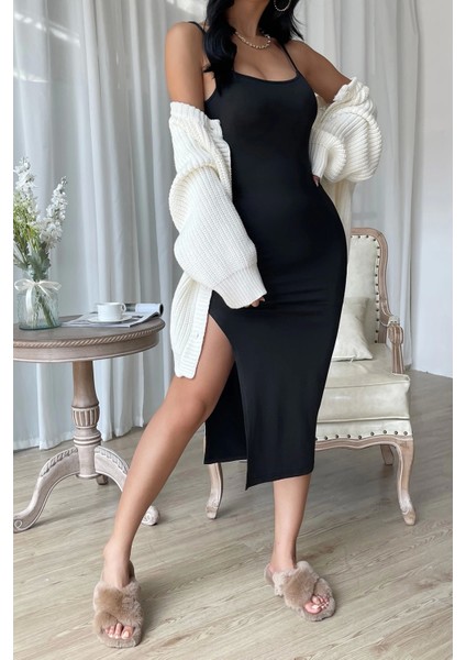 Marsilyan- Kadın Siyah Yırtmaçlı Diz Altı Vücüdu Saran Gecelik indirimleri