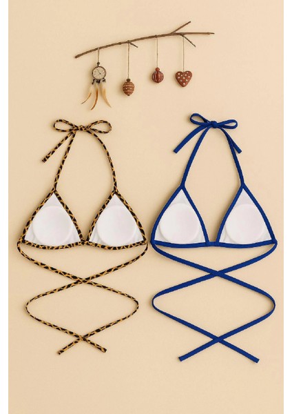 Marsilyan- Kadın Leopar Desenli ve Mavi Minimal Kesim Üçgen Bikini Üstü fiyatları