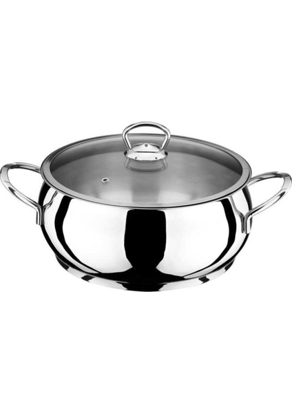 18 cm Derin Paslanmaz Çelik Tencere, Cam Kapak, Metal Kulp
