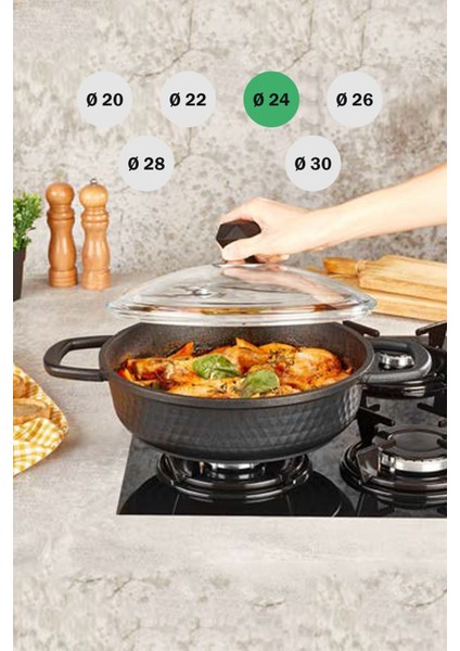 24 cm Döküm Basık Tencere, Siyah, Dayanıklı ve Şık Tasarım