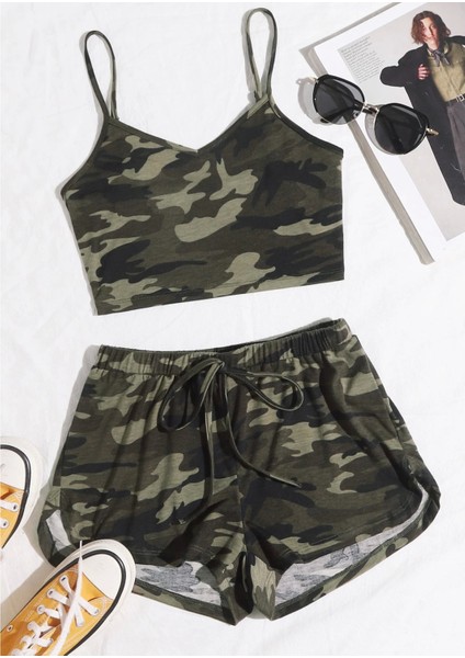 Marsilyan- Kadın Kamuflaj Desenli Askılı Crop Top ve Şortlu Gecelik Takım