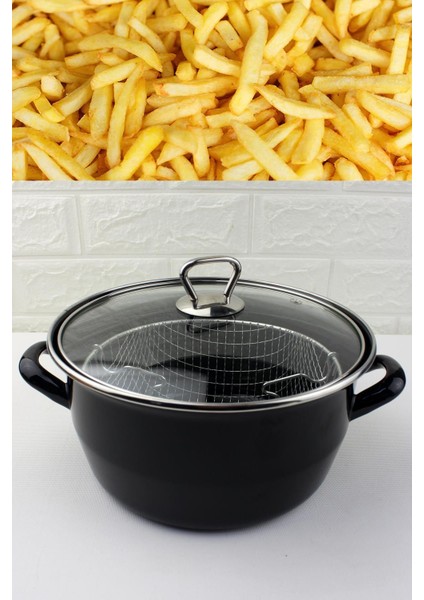 Kalın Emaye Kızartma Tencere ve Fritöz, 22CM, Cam Kapaklı, Siyah