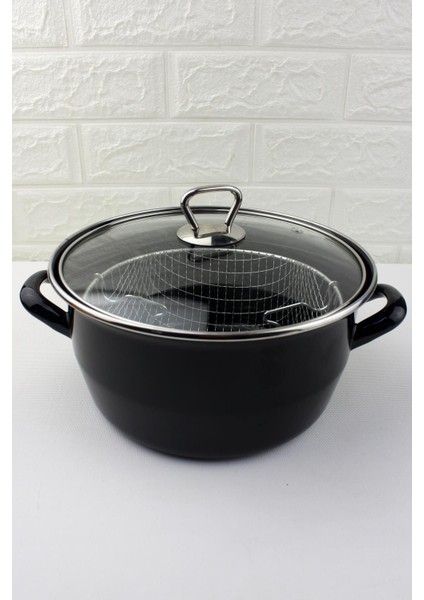 Kalın Emaye Kızartma Tencere ve Fritöz, 22CM, Cam Kapaklı, Siyah fiyatları