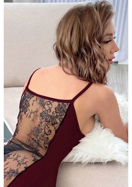 Marsilyan- Kadın Bordo Sırt Kısmı Komple Dantelli Mini Gecelik
