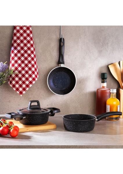 4 Parça Derin Tencere, Tava ve Kaçerola Seti, Siyah Renk