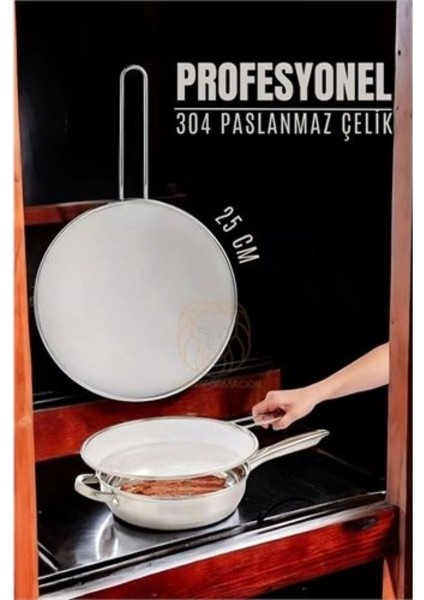 25 cm Paslanmaz Çelik Yağ Sıçratmaz, Renkli, Dayanıklı ve Şık Tasarım