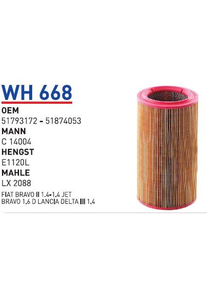 Wh668 Oem 51793172 Oem 51874053 Fıat bravo II 1.4 Otomobil hava filtre air filter