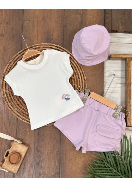 Pamuklu Çiçek Nakışlı 3lu Kız Bebek Takım